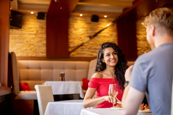 Handsome Young Couple Having Lunch White Wine Restaurant — Photo