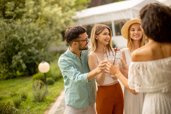 Gruppe Junger Leute Jubelt Mit Frischer Limonade Garten — Stockfoto