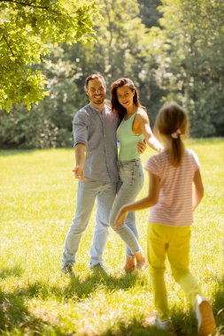 Küçük tatlı kızıyla mutlu bir aile güneşli bir günde parkta eğleniyor.