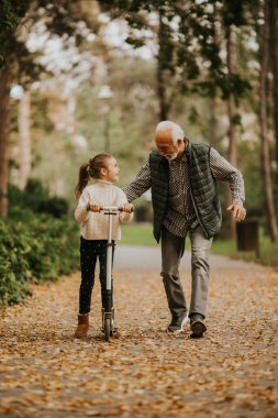 Son sınıf öğrencisi, torununa sonbahar parkında scooter sürmeyi öğretiyor.