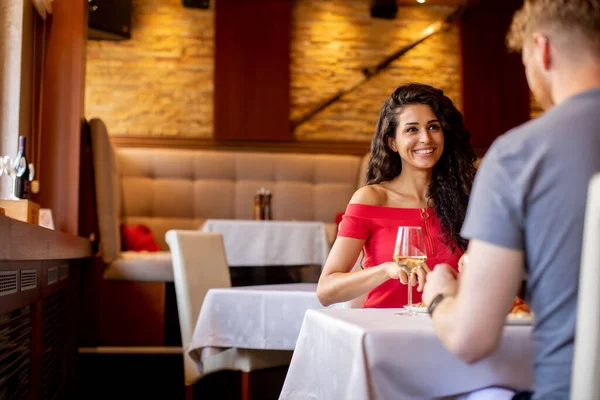 Handsome Young Couple Having Lunch White Wine Restaurant — Stok fotoğraf