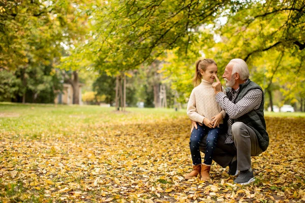 Schöner Opa Verbringt Herbsttag Zeit Mit Seiner Enkelin Park — Stockfoto