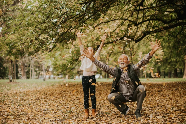 Knappe Grootvader Brengt Tijd Door Met Zijn Kleindochter Het Park — Stockfoto