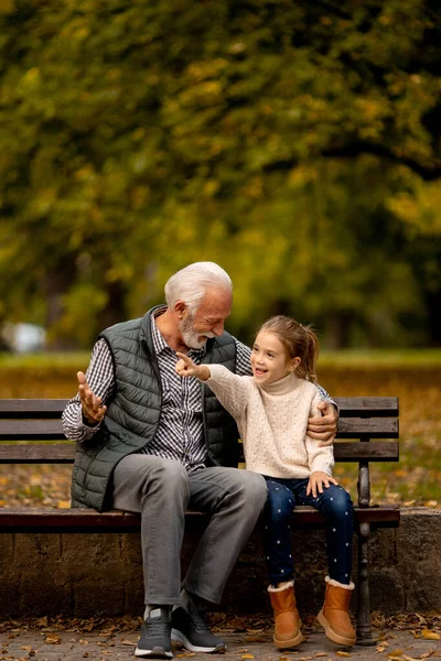 Schöner Opa Verbringt Herbsttag Zeit Mit Seiner Enkelin Auf Bank — Stockfoto