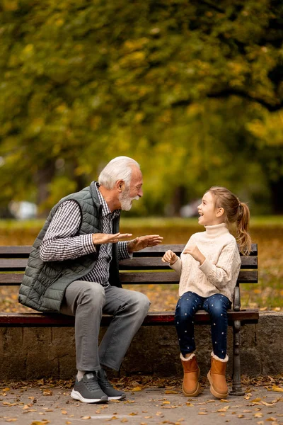 Красивый Дедушка Играет Красные Руки Играя Игру Внучкой Парке Осенью — стоковое фото