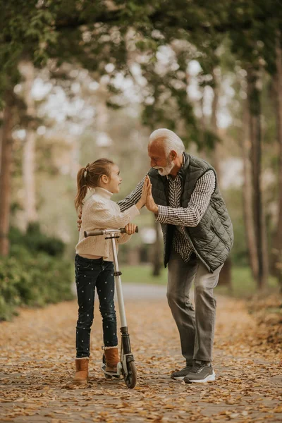 Старший Мужчина Учит Свою Внучку Кататься Скутере Осеннем Парке — стоковое фото