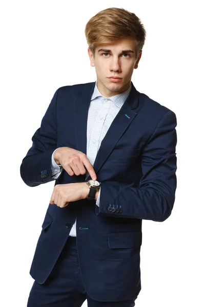 Businessman pointing at his watch — Stock Photo, Image