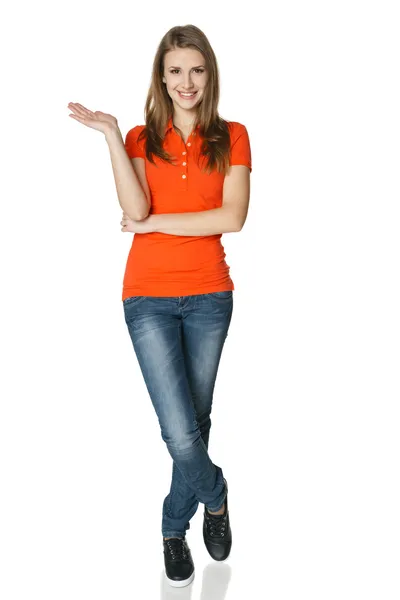 Woman holding blank copy space — Stock Photo, Image