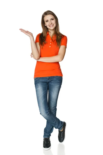 Woman showing empty copy space — Stock Photo, Image