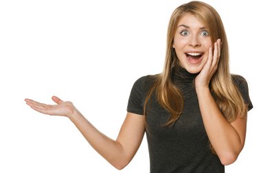 Surprised woman showing open hand palm clipart