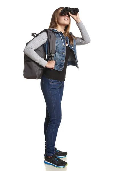 Girl hiker with backpack and binoculars — Stock Photo, Image