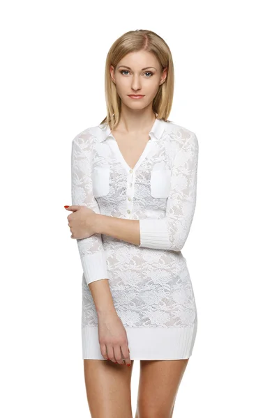 Young woman in white lacy dress — Stock Photo, Image