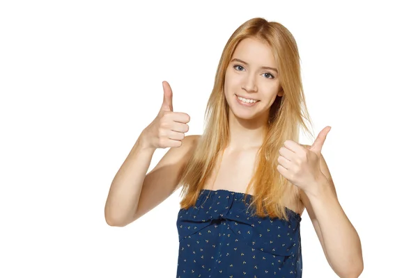 Joven hembra mostrando pulgar hacia arriba signo — Foto de Stock