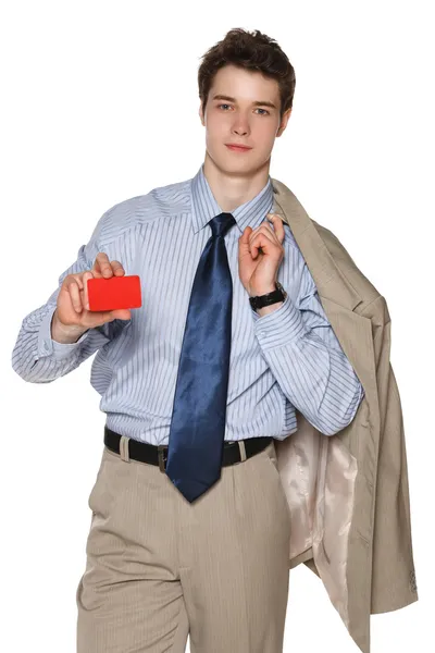 Homem de negócios segurando cartão de crédito em branco — Fotografia de Stock