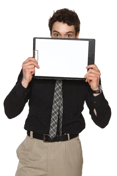 Business man med blankt papper Urklipp framför hans ansikte — Stockfoto