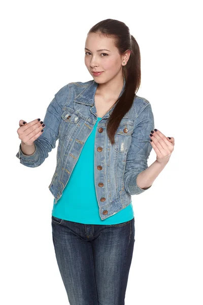 Woman in jeans and denim jacket — Stock Photo, Image