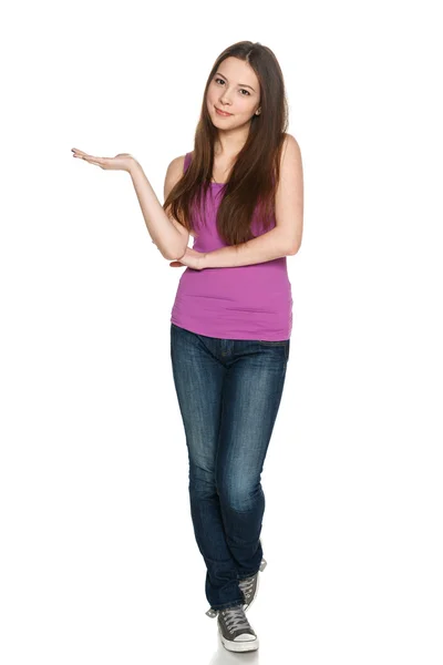 Teen girl holding blank copy space — Stock Photo, Image