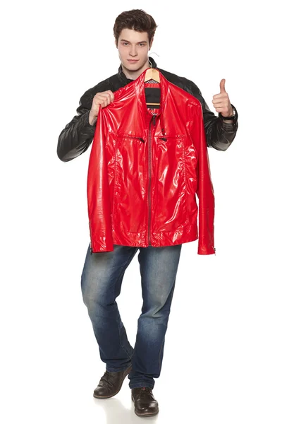 Male showing red bright leather jacket — Stock Photo, Image