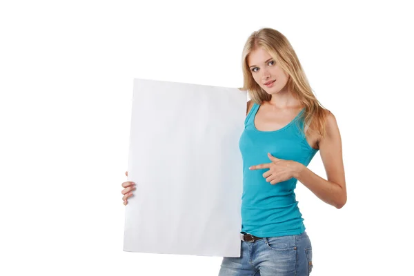 Mujer señalando a un tablero en blanco — Foto de Stock