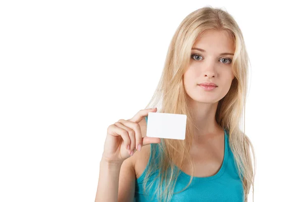 空のクレジット カードを保持しているブロンドの女性 — ストック写真