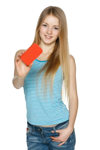 Mujer sosteniendo tarjeta en blanco —  Fotos de Stock