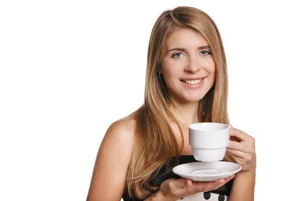 Smiling woman holding white cup — Stock Photo, Image