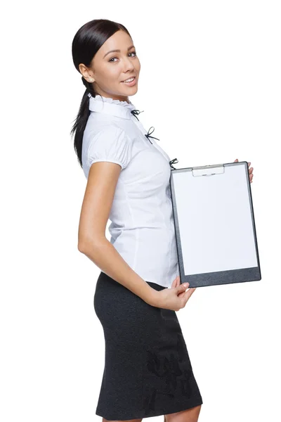 Smiling business woman showing blank paper — Stock Photo, Image