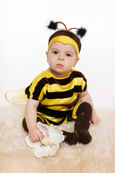 Bebê vestido de abelha brinco sentado no chão — Fotografia de Stock