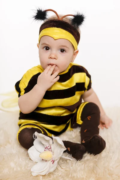 Baby bära bee kostym sitter på golvet — Stockfoto