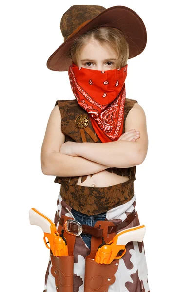 Flicka klädd i cowboy dräkt och bandana — Stockfoto