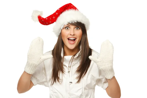 Fille dans Santa chapeau crier nouvelles de Noël — Photo