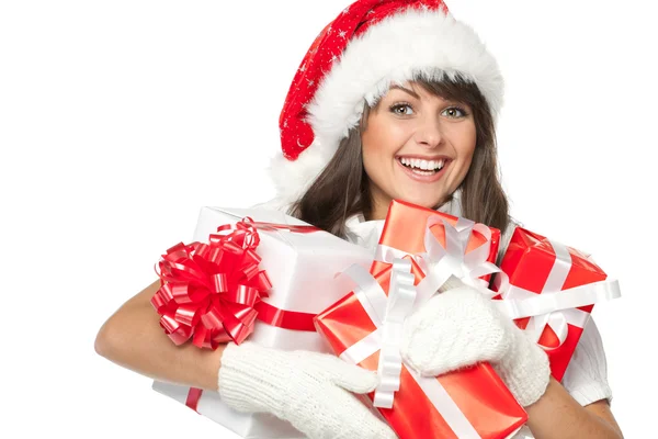 Woman holding gifts wearing — Stockfoto