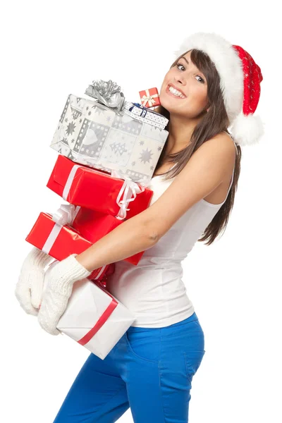 Woman with funny expression holding many gift boxes — Stock Photo, Image