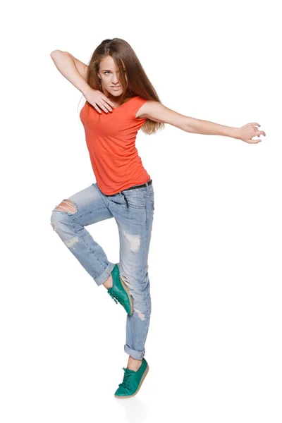 Mujer bailarina de hip hop sobre fondo blanco —  Fotos de Stock