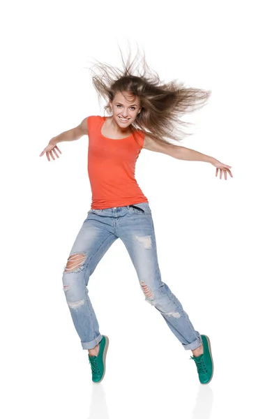 Vrouw hip hop danser op witte achtergrond Stockfoto