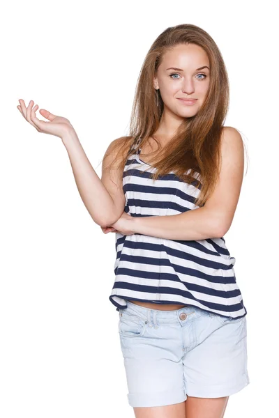 Adolescente chica hipster mostrando espacio de copia en blanco — Foto de Stock