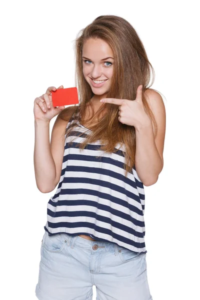 Opgewonden meisje tiener hipster met credit card — Stockfoto