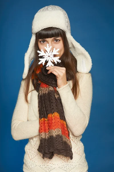 Winter happy people - woman with snowflake — Stock Photo, Image