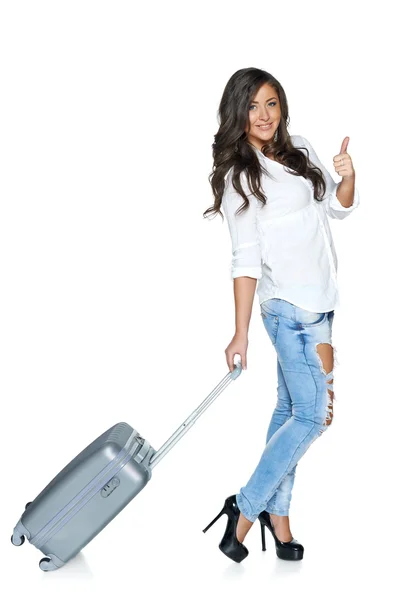 Full length of female walking with the travel bag — Stock Photo, Image