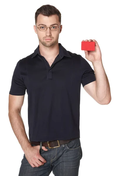 Serious male showing red card in hand — Stock Photo, Image