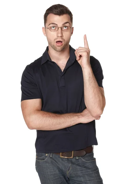 Surprised man pointing up — Stock Photo, Image