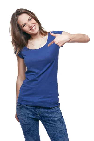 Smiling woman pointing at herself — Stock Photo, Image