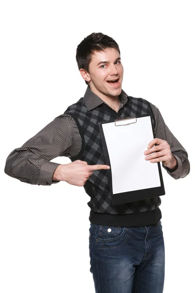 Homem animado com placa em branco — Fotografia de Stock