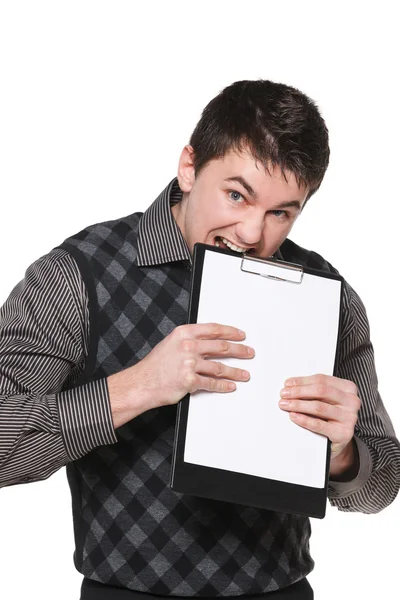 Excited man with blank board — Stock Photo, Image