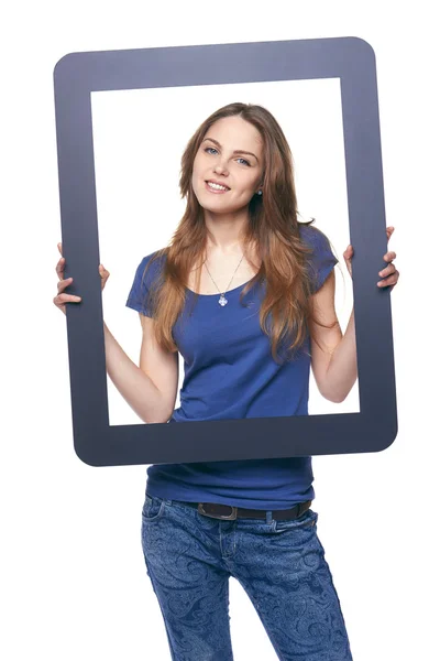 Mujer sosteniendo marco tableta — Foto de Stock