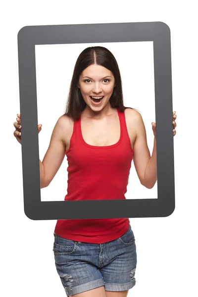 Excited teen girl looking through frame, — Stock Photo, Image