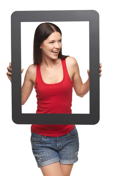 Woman looking to the side through frame — Stock Photo, Image