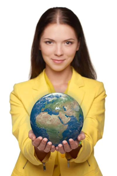 Earth Day Planet Smiling Woman Yellow Jacket Holding Small Earth —  Fotos de Stock
