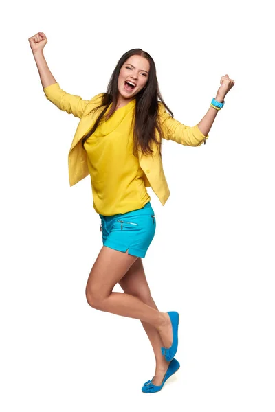 Full Length Doubting Young Girl Yellow Blue Clothes Blue Hand — Foto de Stock