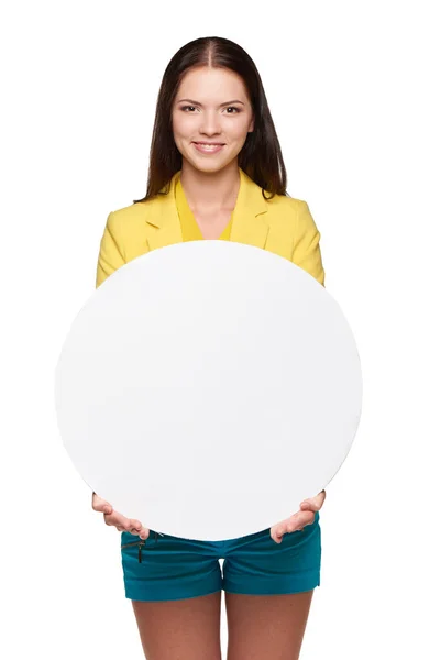 Happy excited girl holding empty whiteboard — 스톡 사진